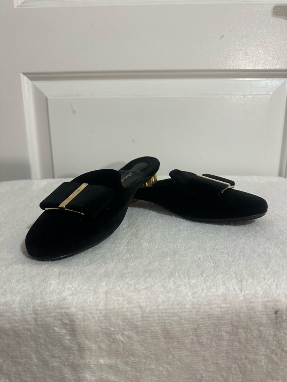 Salvatore Ferragamo Black Suede Slide Mules with Gold Accents - Picture 2 of 3